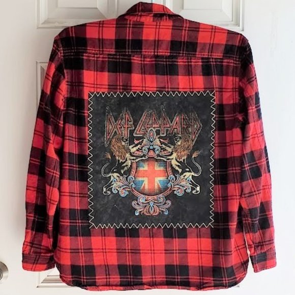 Upcycled Flannel Shirt With DEF LEPPARD Music Band Handcrafted Tee On Back